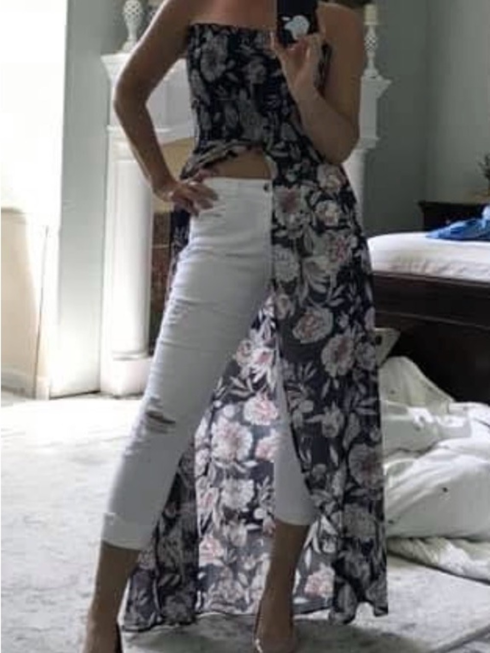 VENUS Navy Blue Floral Strapless Maxi Top